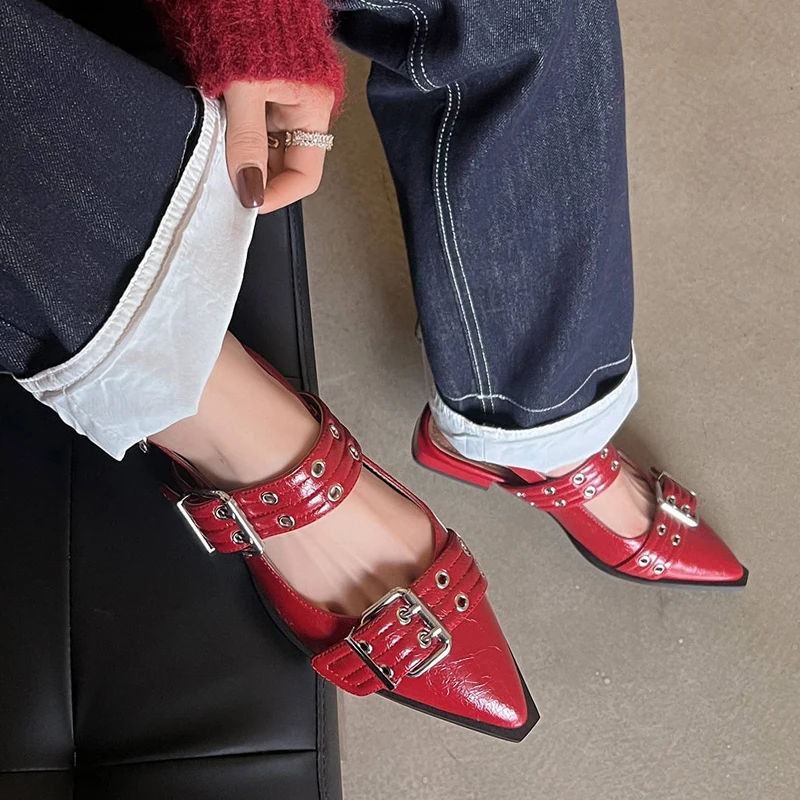 

Gothic Genuine Leather Punk Belt Buckle Roman Sandals for Women Summer Fashion Pointed Toe Slingback Pumps Casual Flat Shoes 34