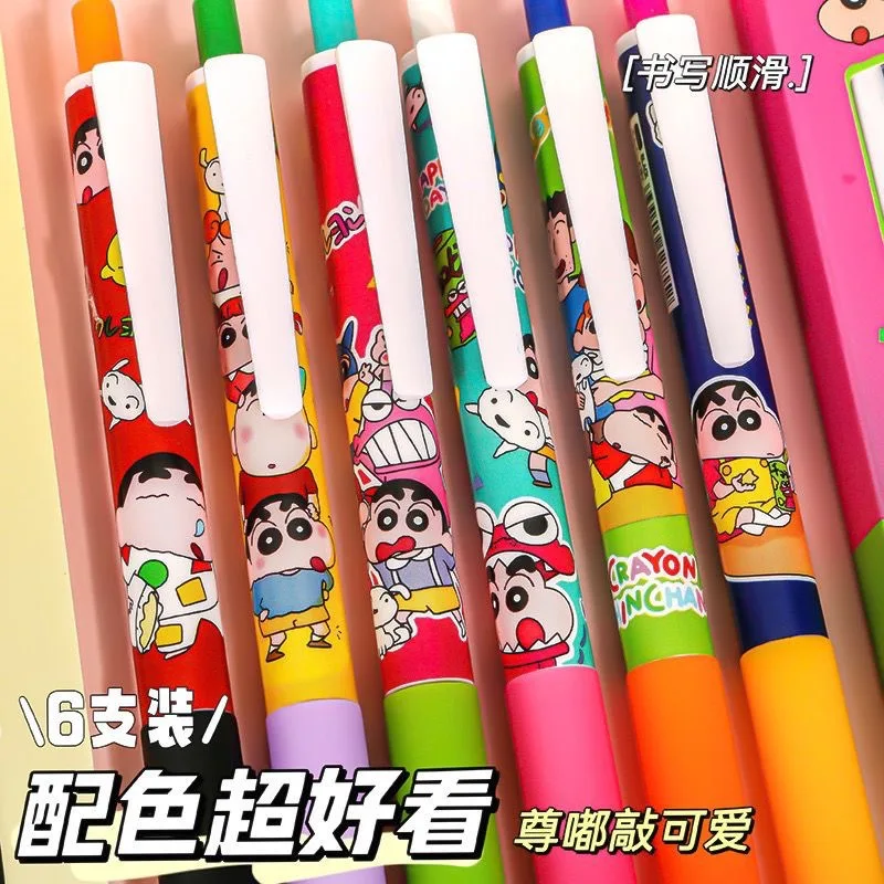 6Pcs/Set Kawaii Crayon Shin-Chan Gel Pens Set Cute 0. 5mm Black Pen Cartoon School Student Stationery Supplies Gift