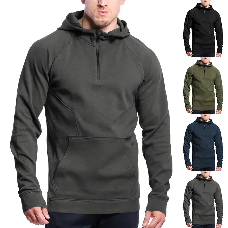 

2024 Autumn and winter men's new long sleeved stand up collar casual pullover hooded half zip patchwork fleece hoodie