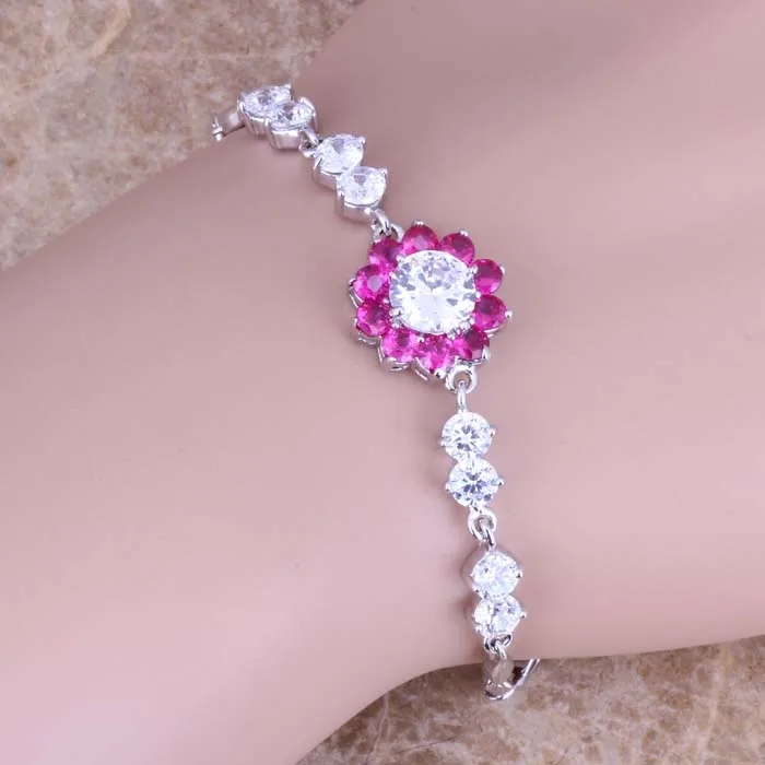 Sparkly Flower Red Rose Pink Cubic Zirconia Fashion Jewelry Link Chain Bracelet 7 - 8 inch S0643