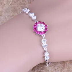 Sparkly Flower Red Rose Pink Cubic Zirconia Fashion Jewelry Link Chain Bracelet 7 - 8 inch S0643