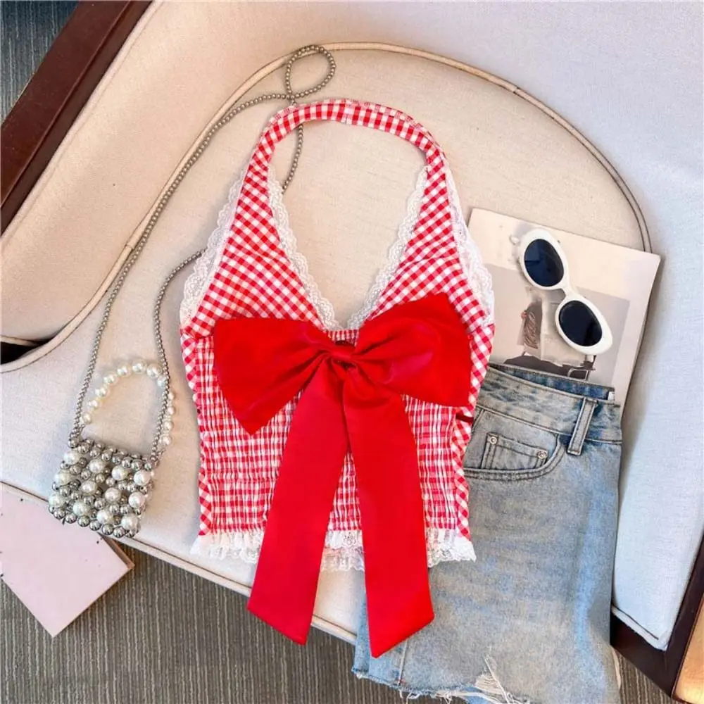 

Укороченный топ без рукавов с бантом в полоску и V-образным вырезом, облегающий кружевной жилет, топ для девочек, нижняя рубашка в корейском стиле, бретелька с подвесным вырезом