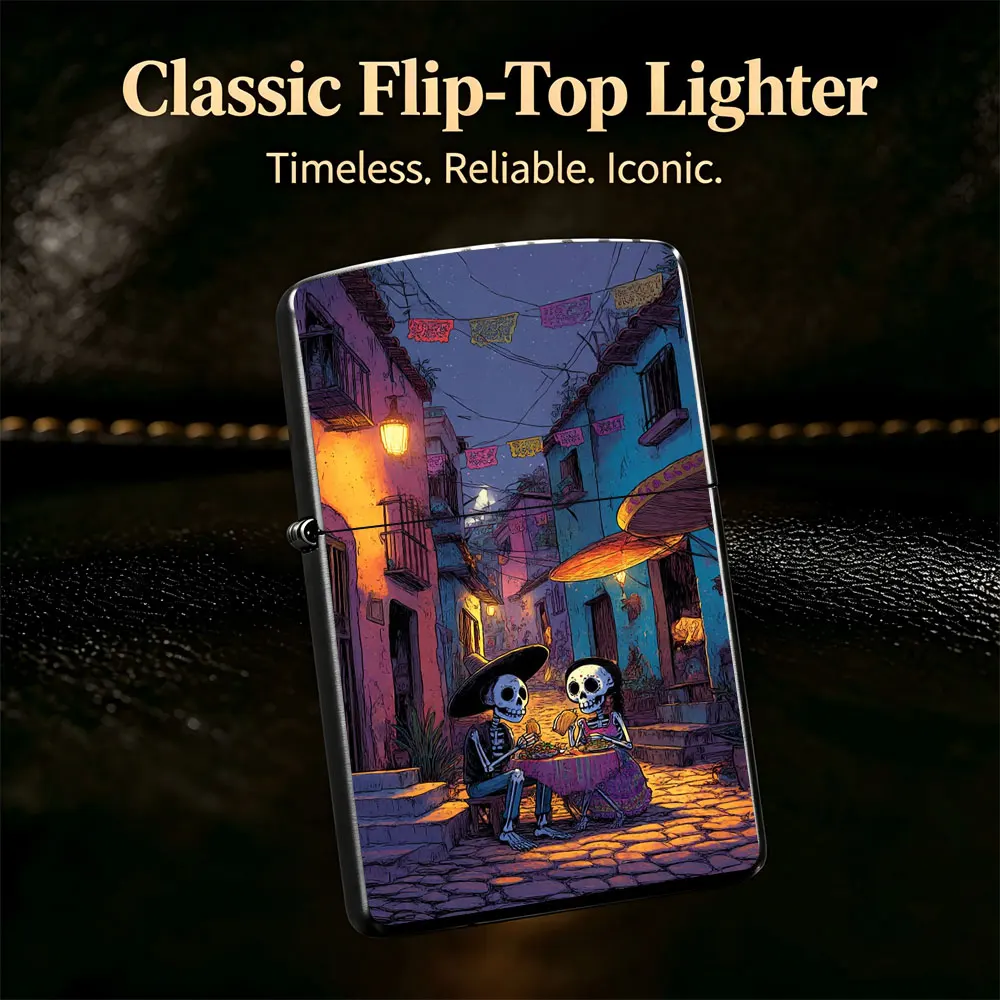 Pocket Lighter, Flip-Top Windproof Design, Metal Shell, Skeleton Print Mexican Style, Comfortable Grip, Portable & Durable