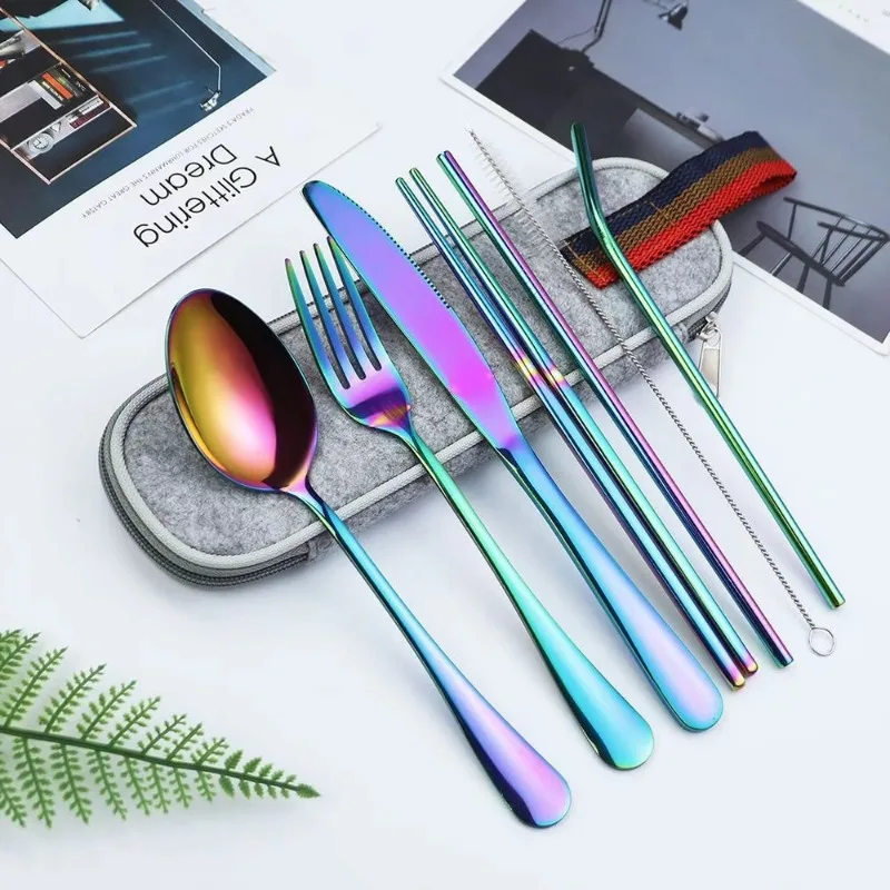 

Dinnerware Set Travel Camping Cutlery Set Reusable Straw Spoon Fork Chopsticks Portable Case Multicolor Dinnerware Set