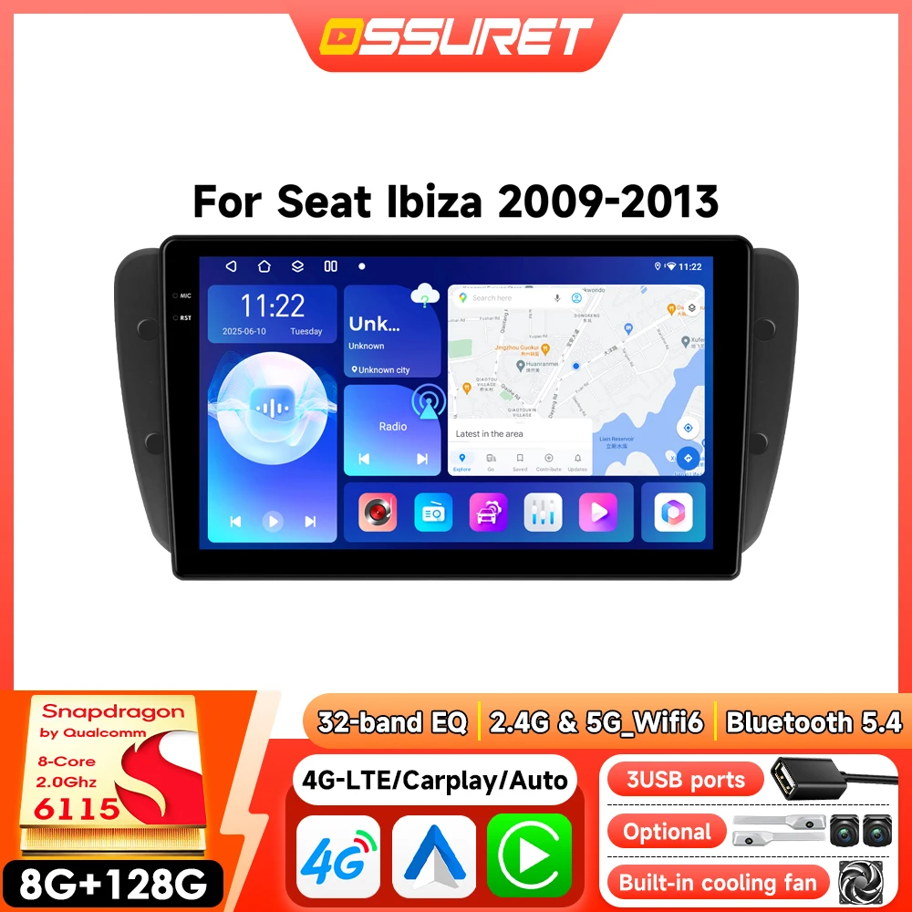 Android Autoradio für Seat Ibiza MK4 6J 2009-2013 Multimedia-Player Kabelloses CarPlay Android Auto GPS 360-Grad-Kamera Mit Snapdragon 6115