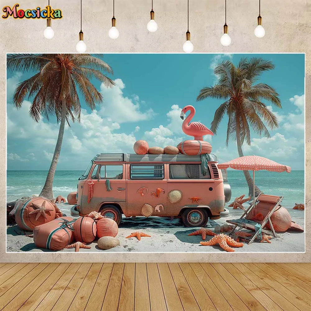 Mocsicka-夏の写真の背景,ピンクのビーチ,バン,ヤシの木,休暇,パーティーの装飾,写真の背景,スタジオアクセサリー