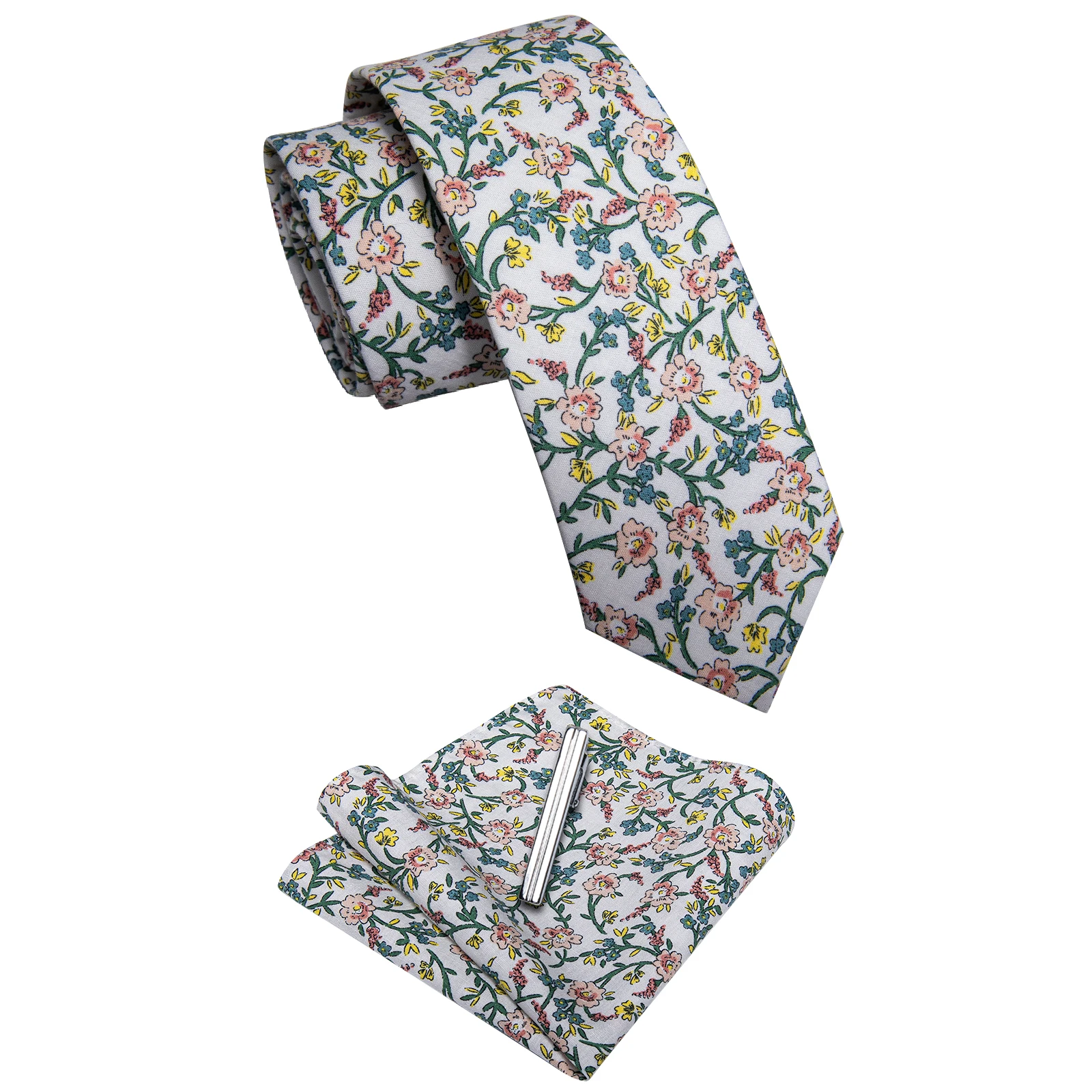 Corbata Floral blanca delgada para hombre, corbata de 6,35 cm con estampado de rosa, amarillo y azul para fiesta de boda, corbatas cuadradas de bolsillo para hombre