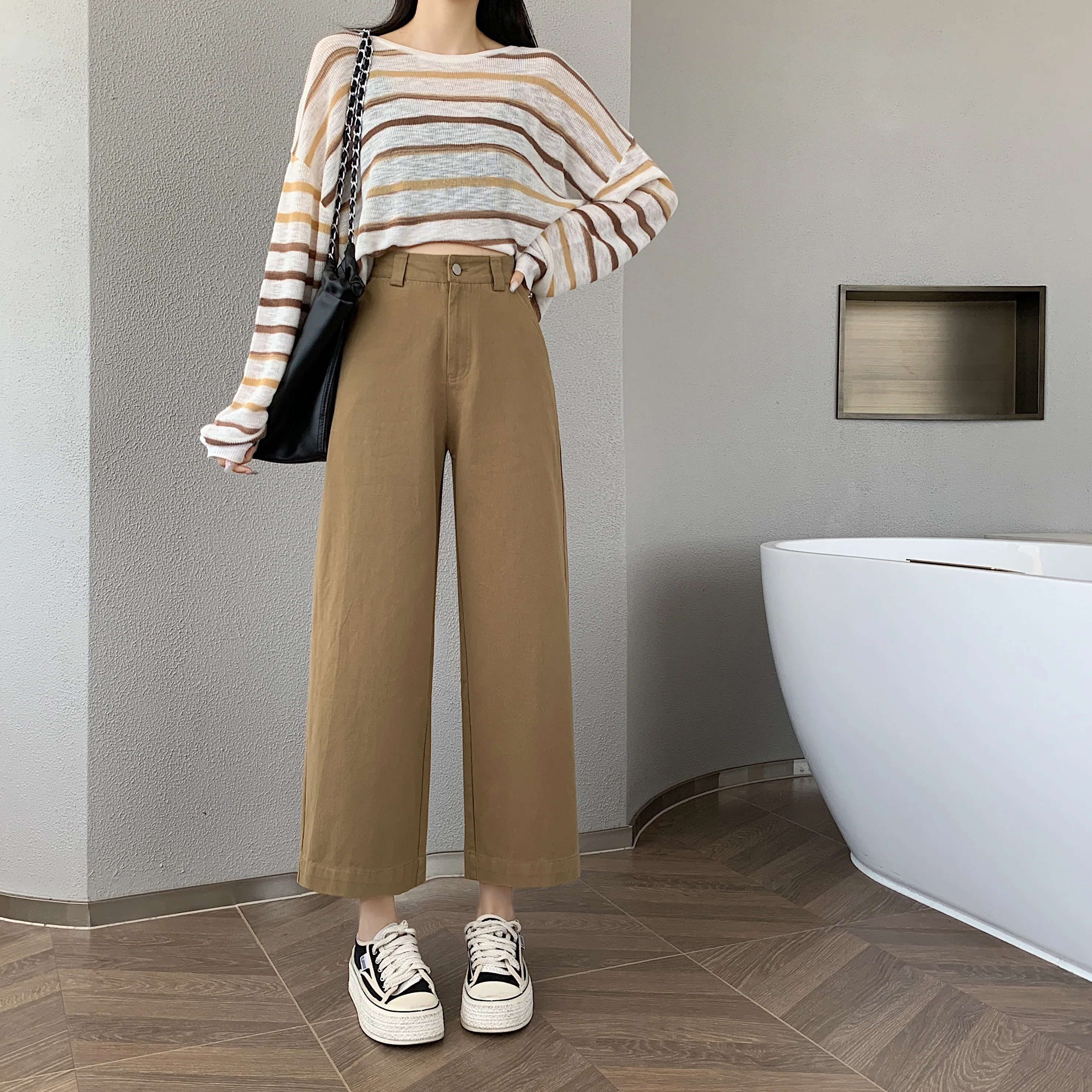 Seoulish Autumn New Ankle Length Women\'s Pants High Waist Straight Wide Leg Pants for Women Casual Lady Cotton and Linen Pants