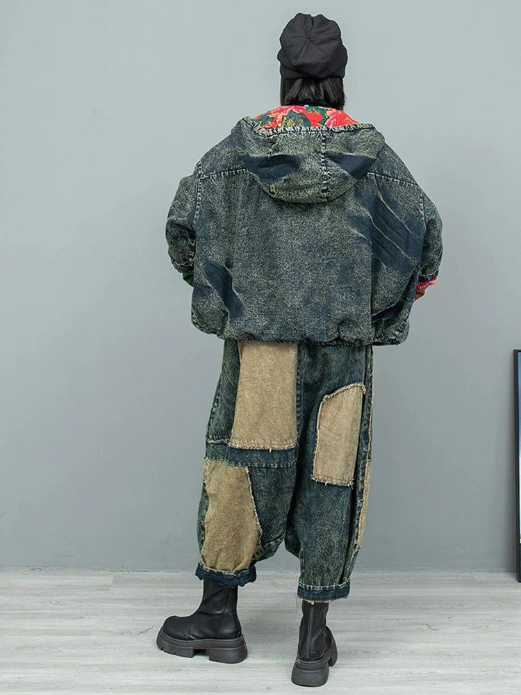 [EAM] Große Größe Denim Jacke Breite Bein Hosen Zwei Stück Anzug Neue Mit Kapuze Lange Hülse Frauen Mode Flut herbst Winter 2024 1DH8098