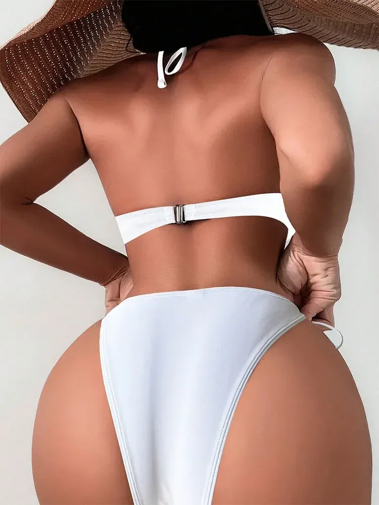 2024 New Sexy White Bikini Women Pearls Swimwear Black Push Up Bathing Suit Swimsuit Female Solid Underwired Bra Cup Bikini Set