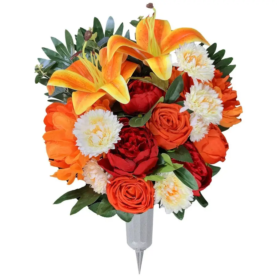 

Искусственный цветочный букет для кладбища с вазой для надгробия, украшение для уличных могил, мемориальный букет от флориста: оранжевые розы и белые цветы