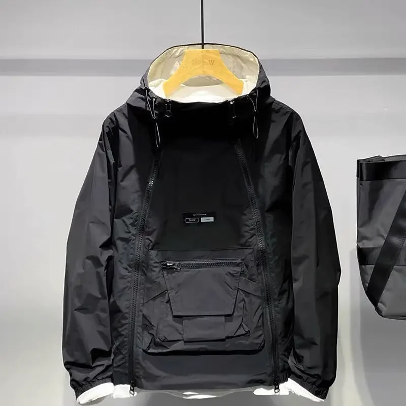 Новая роскошная весенне-осенняя мужская куртка, модная уличная куртка с капюшоном и двойной молнией, черное пальто, спортивная одежда с карманами