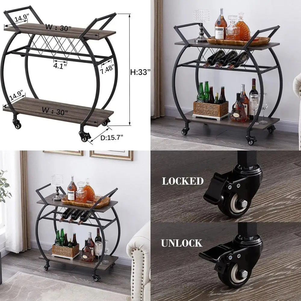

Rustic 2-Tier Rolling Serving Cart with Wine Rack, Dark Oak Wood and Metal, Portable Coffee Table on Wheels for Home