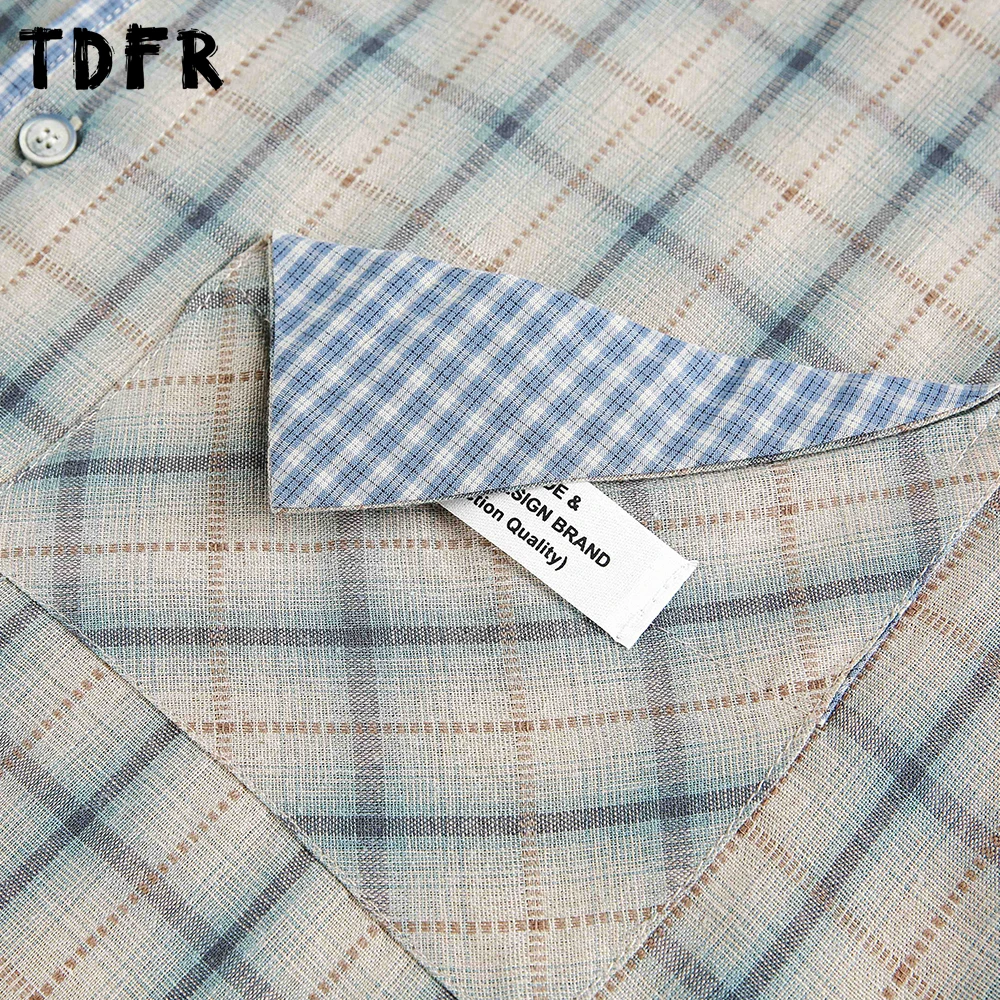 Camisas xadrez de bolso de retalhos dos homens retro casual outono solto único breasted lapela manga longa camisas de algodão homem