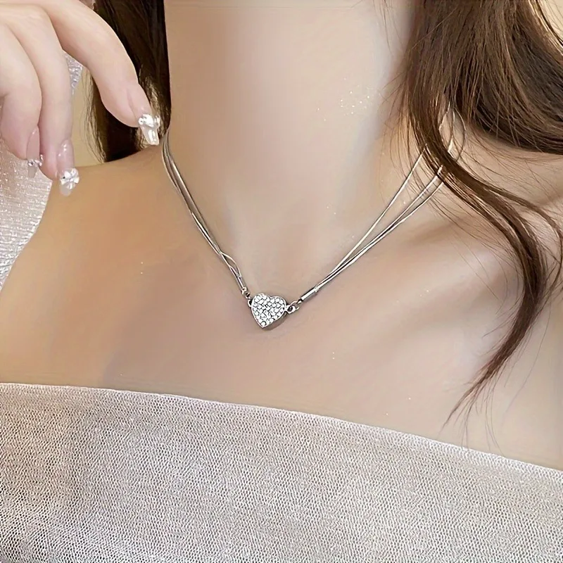 1pc Elegant Heart-shaped Synthetic Zirconia Decorative Pendant Necklace Suitable Daily Party Banquet Wear Perfect Gift Friends