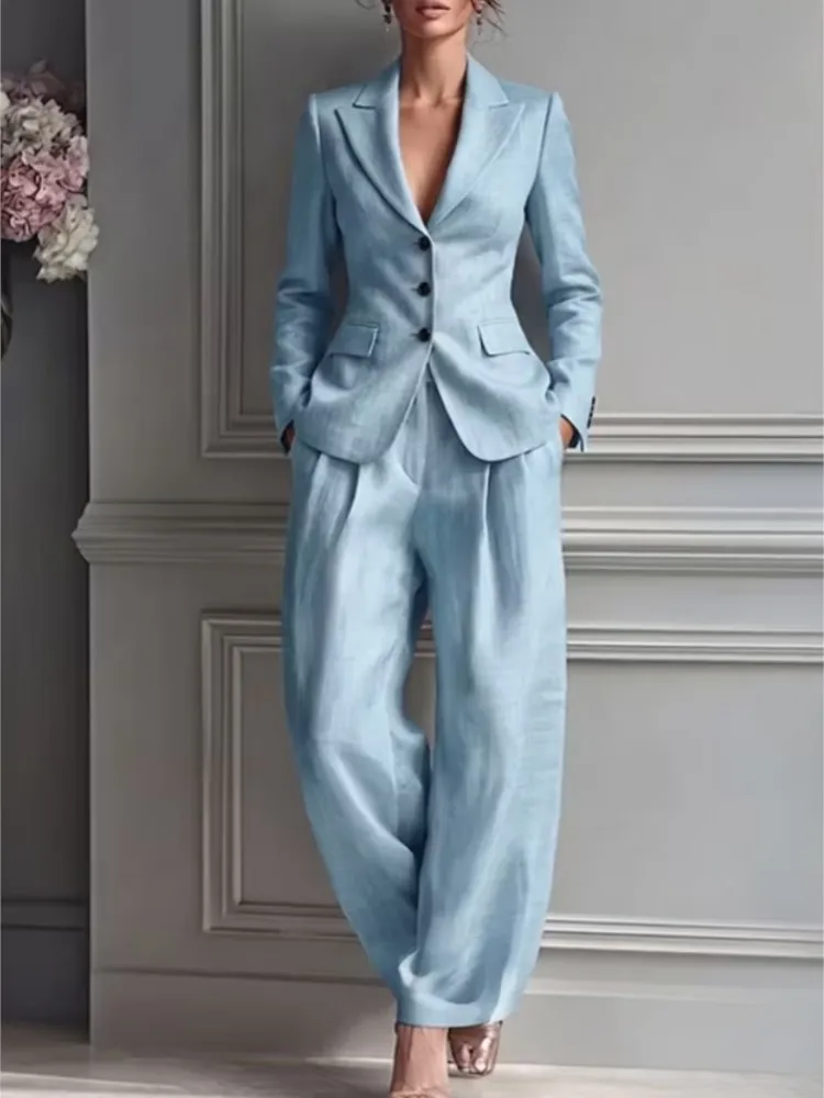 Damen Blazer-Set mit Revers, 2-teilig, Herbst, Einfarbig, Knöpfe, Langarm, Schlanke Jacke, Weite Hose, Elegantes Büro-Business-Outfit