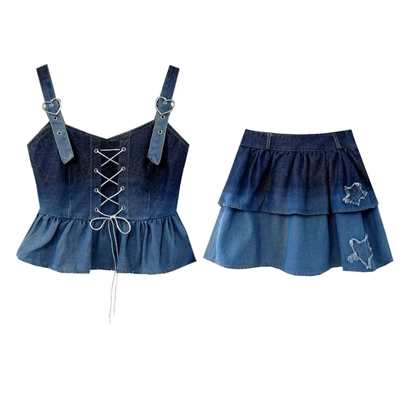Women White Shirt +lace Up Vest + Gradient Color Skirt Suit Blue Retro Sweet Patchwork Sets Chic Denim Short Sleeved 3 Piece Set