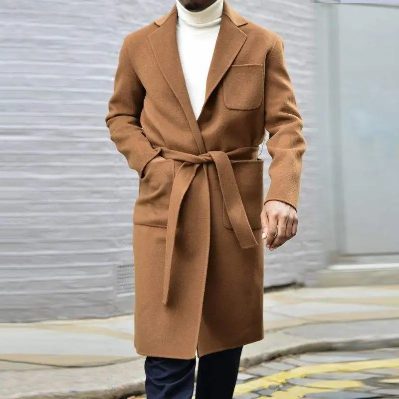 Khaki Woolen Men Coat One Piece Business Blazer Overcoat With Belt Winter Warm Wedding Groom Formal Work Party Causal Tailored