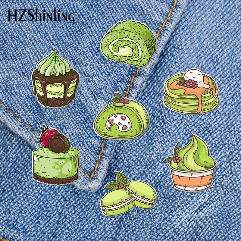 2023 New Matcha Dessert Acrylic Lapel Pin Swiss Roll Cake Epoxy Butterfly Clasp Pin Handmade Butterfly Brooch