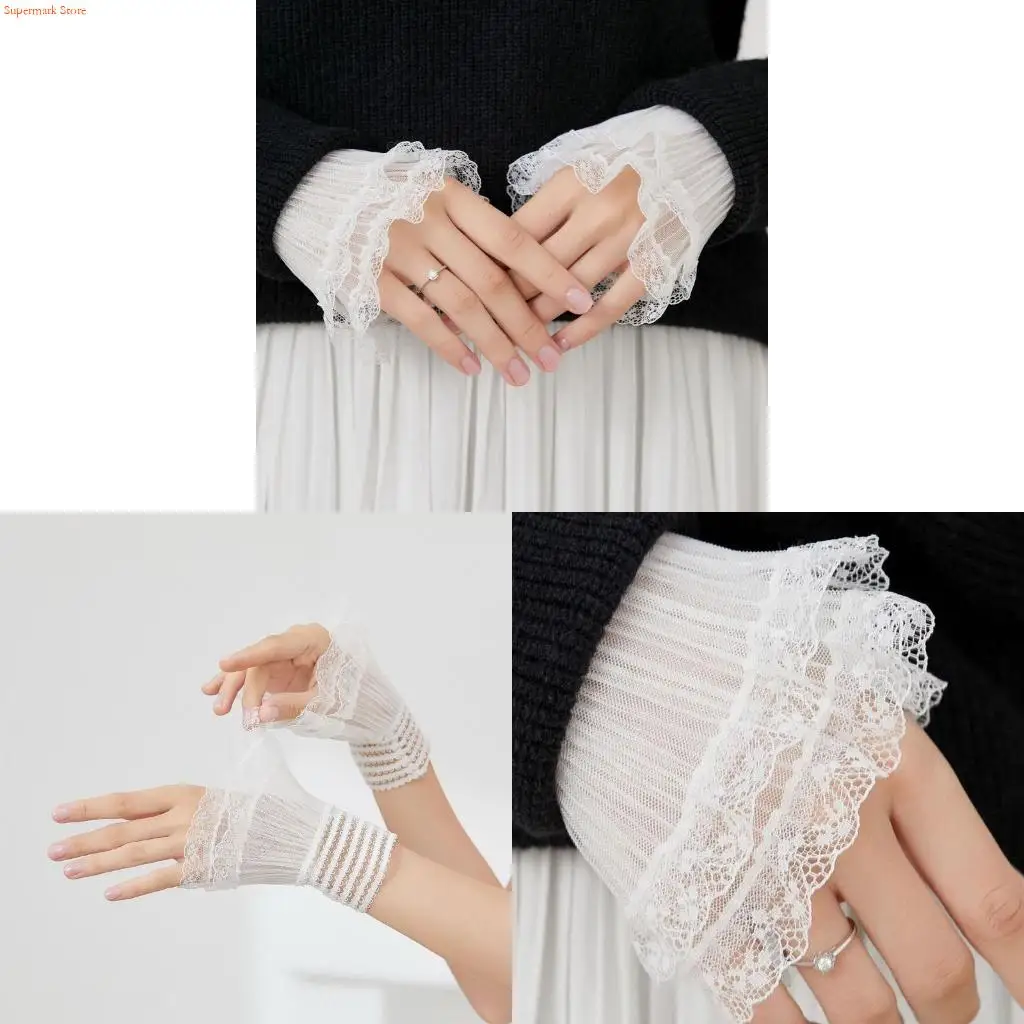 Q5WE Detachable Sleeves Mesh Lace Pleated False Cuffs Layered Lace Elastic Wrist Cuff