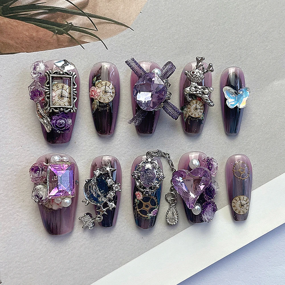 10Pcs Spicy Girl Style Handmade Long Coffin Stiletto Press On Nails 3D Flowers Bow Metal Chain Diamond Full Cover Nail Art