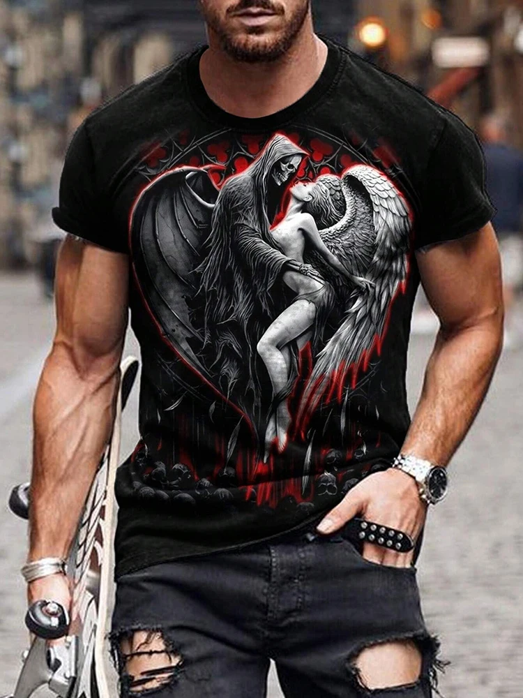 Summe Street تي شيرت رجالي الجمجمة طباعة تي شيرت رجالي عادية قصيرة الأكمام قمة الرياضة في الهواء الطلق موضة تي شيرت رجالي الملابس