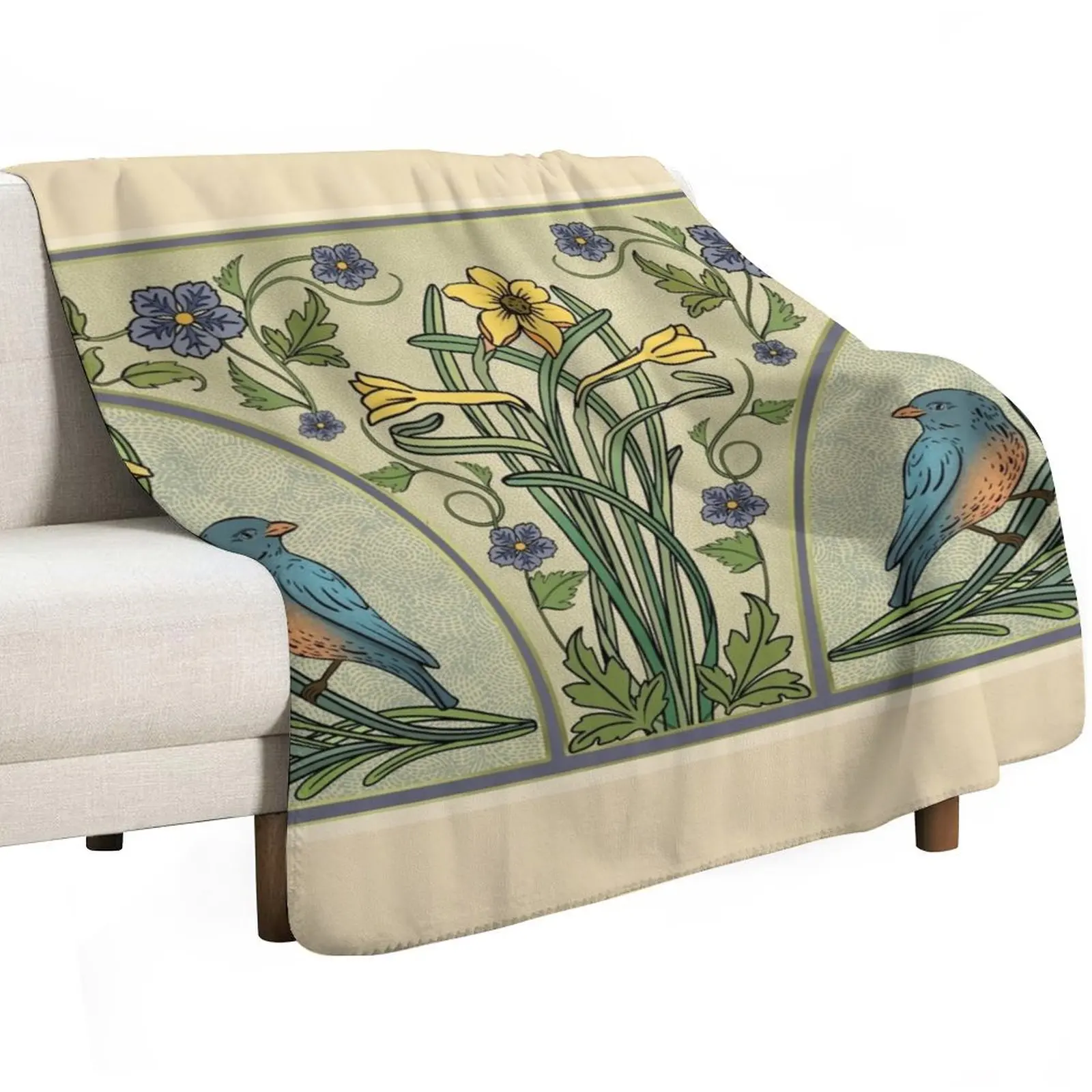 Bluebirds And Spring Blossoms Inspired By Art Nouveau Throw Blanket Flannels Luxury Comforter Picnic Bed Blankets 2