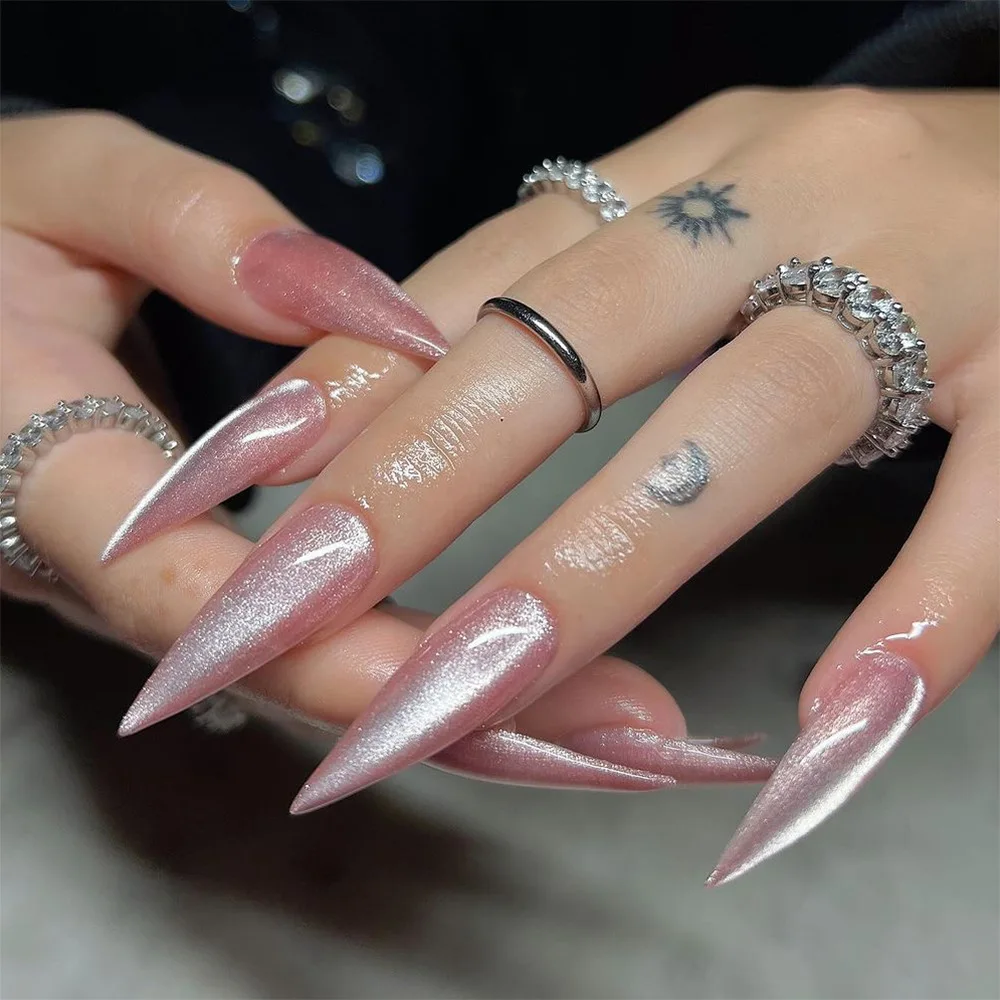 Long Stiletto Charm Fake Nails Gradient Pink White Press on Nails Cool Girls Wearable False Nails Tips DIY Manicure 24Pcs