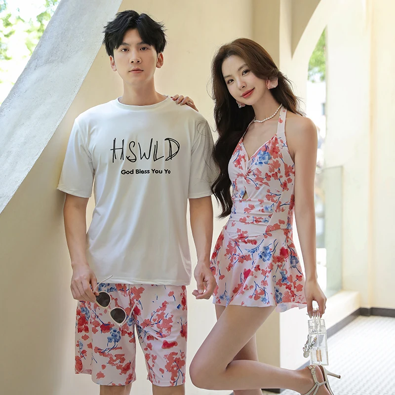 Women\'s One Piece Swimwear Dress Mens Shorts Couple Swimwear Flower Print Lover\'s Beach Wear Bathing Suit 2025