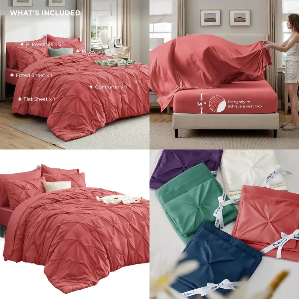 

Coral Red Queen Bedding Set - 7-Piece Comforter with Sheets, Pillowcases, and Shams for All Season Use