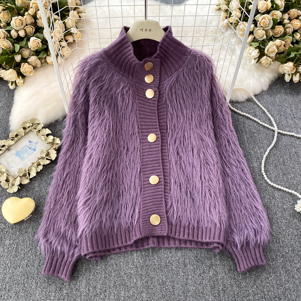 

Chic 2023 New Women Autumn Winter Knitted Cardigan Soft Warm Single Breasted Lantern Sleeve Mohair Sweater Coat Knitwear Outwear