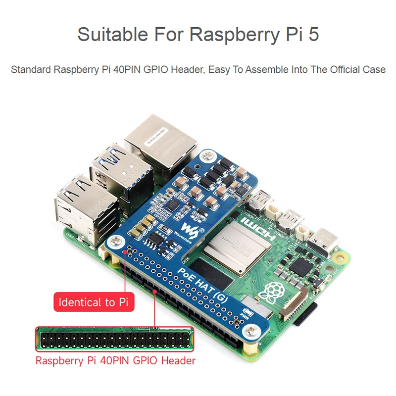 Power Over Ethernet HAT (G) For Raspberry Pi 5 5V 5A Output Supports 802.3af/at Network Standard for Raspberry Pi 5 PoE HAT