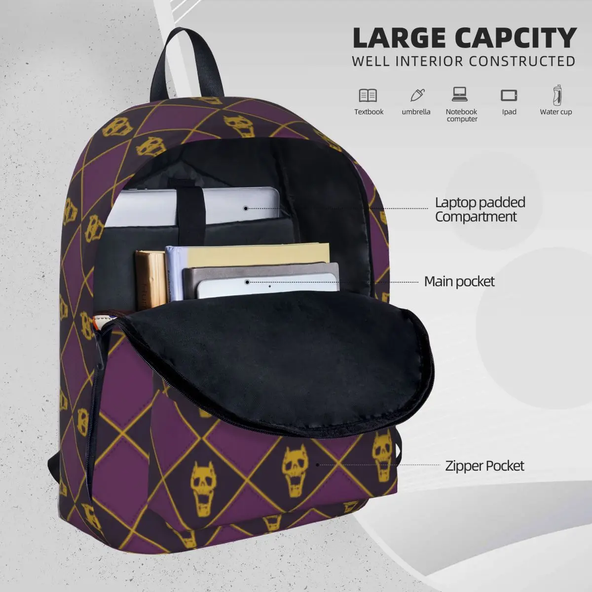 Killer Queen Kira Yoshikage Skull Backpack Jojos Bizzare Adventures Lightweight Backpacks Modern Bags Camping Designer Rucksack