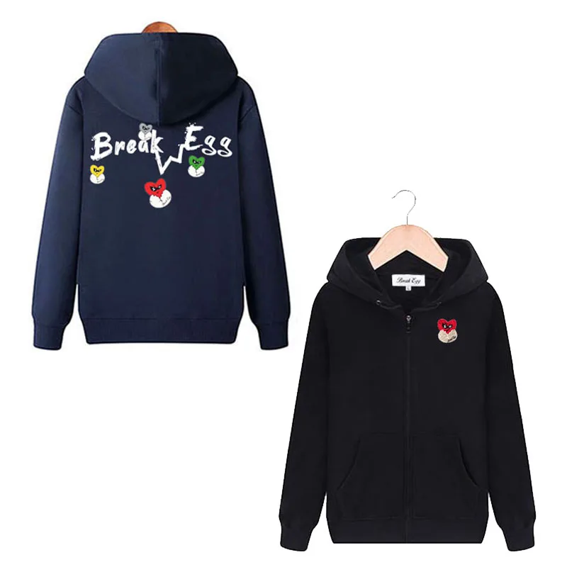 

Break Egg Men Women Hoodie Heart Eggshell Embroidery Back Letter Colorful Heart Print Fleece Zipper Pocket Loose Casual Sweater