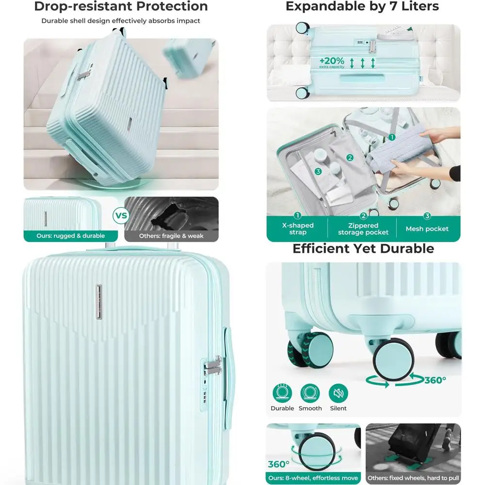 

20 Spinner Luggage 22x14x9, TSA Lock, Expandable Hardshell Suitcase for Air Travel, Green