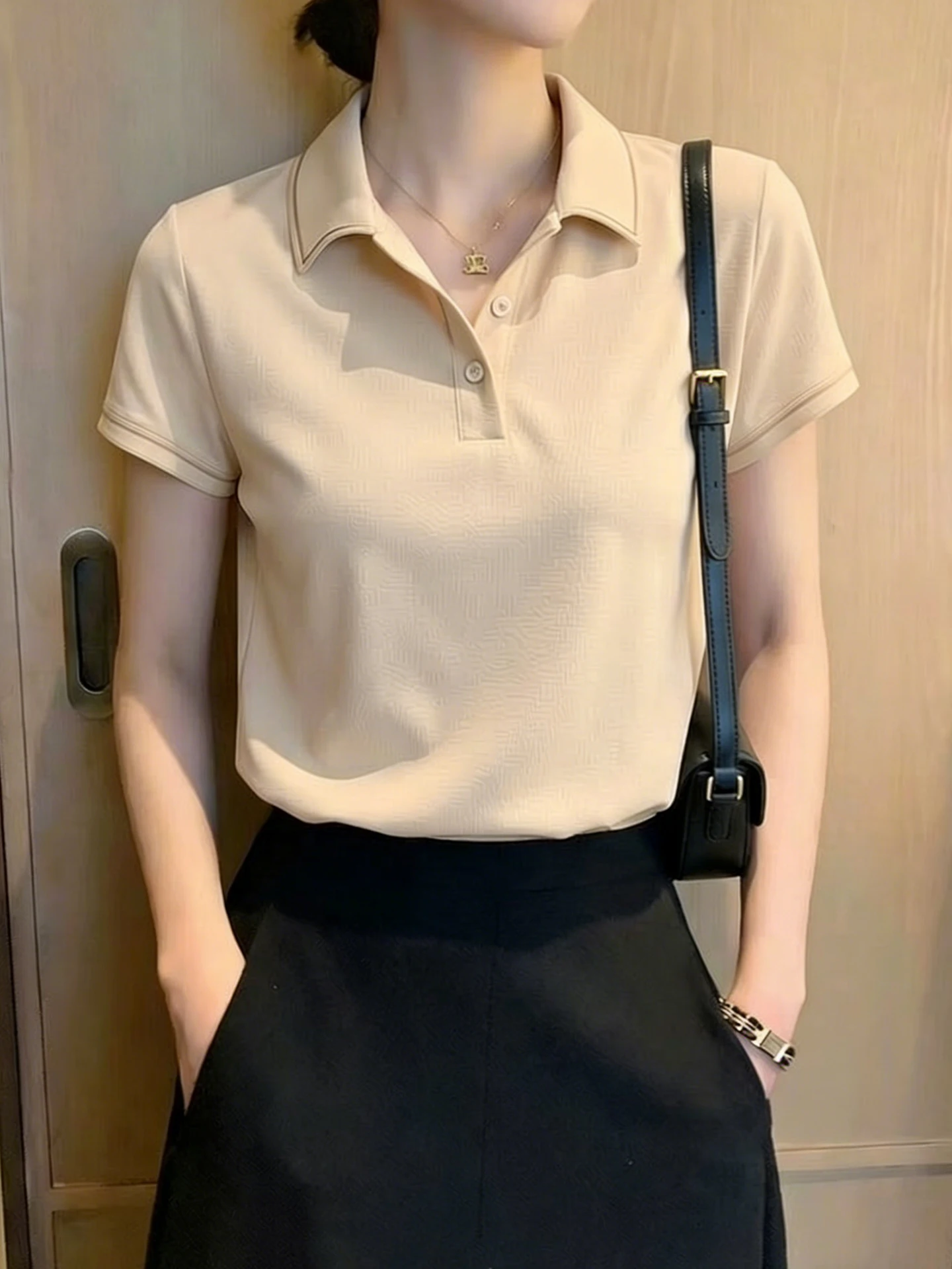 Casual Style Pure Color  Neck T-Shirt Shoulder Width Regular Summer Fashion Versatile Loose Fit Short Sleeve Women's Top