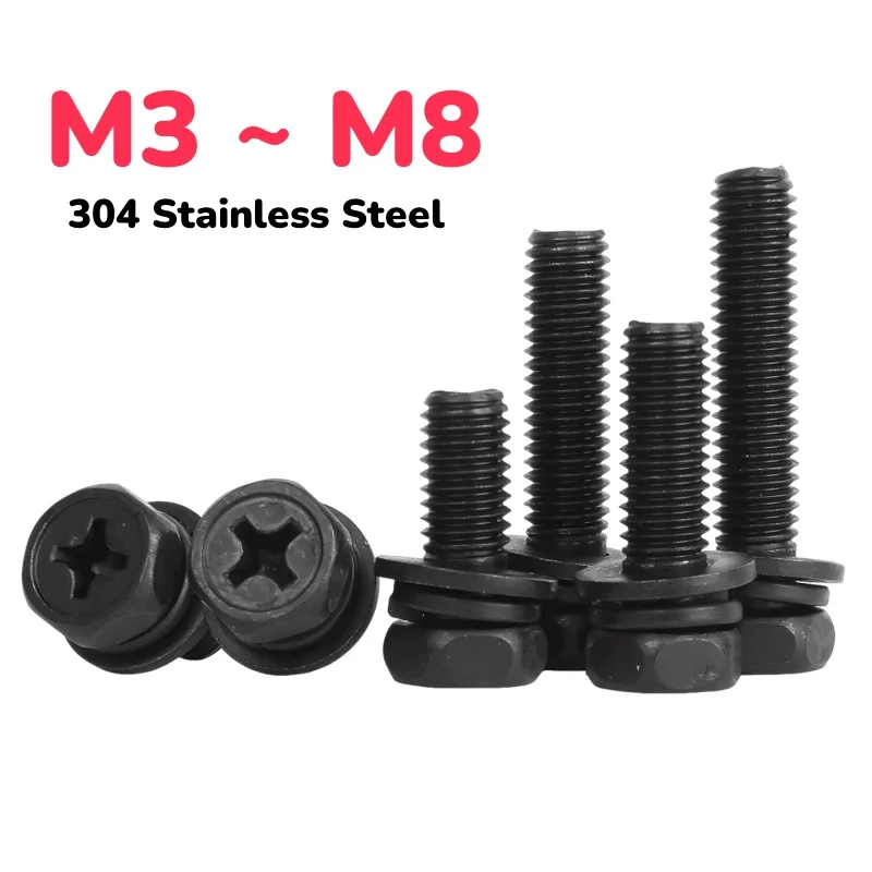 

M3 M4 M5 M6 M8 304 Stainless Steel Black Hexagon Cross Phillips Flat Washer Spring Gasket Combination Screw