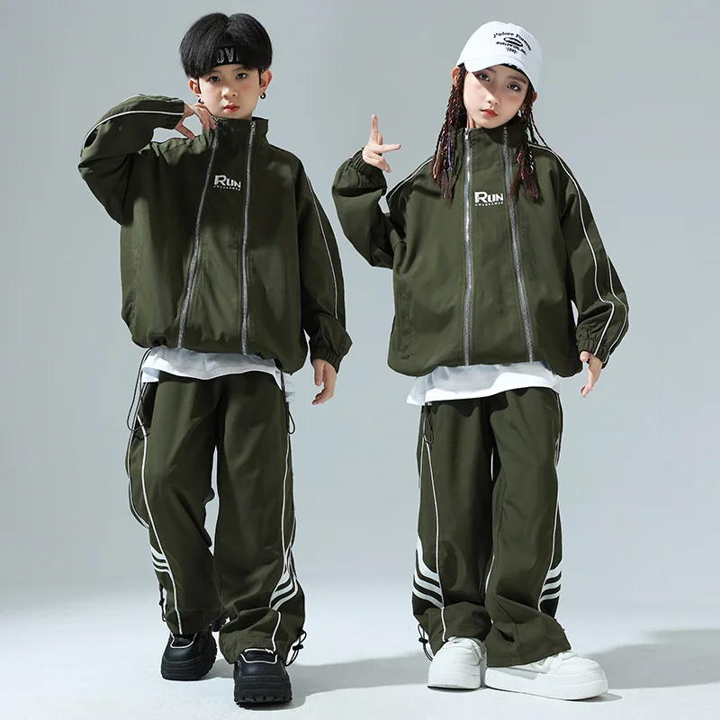 Kid Hip Hop Clothing Army Green Windbreaker Jacket Top Casual Wide Drawstring Pants for Girl Boy Jazz Dance Costume Clothes Set