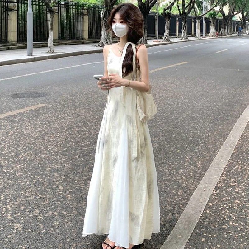 New Chinese Style Girls Vintage Water-Mark Print Strap Dress Flared Skirt Slimming Maxi Summer New Arrival Women Dresses