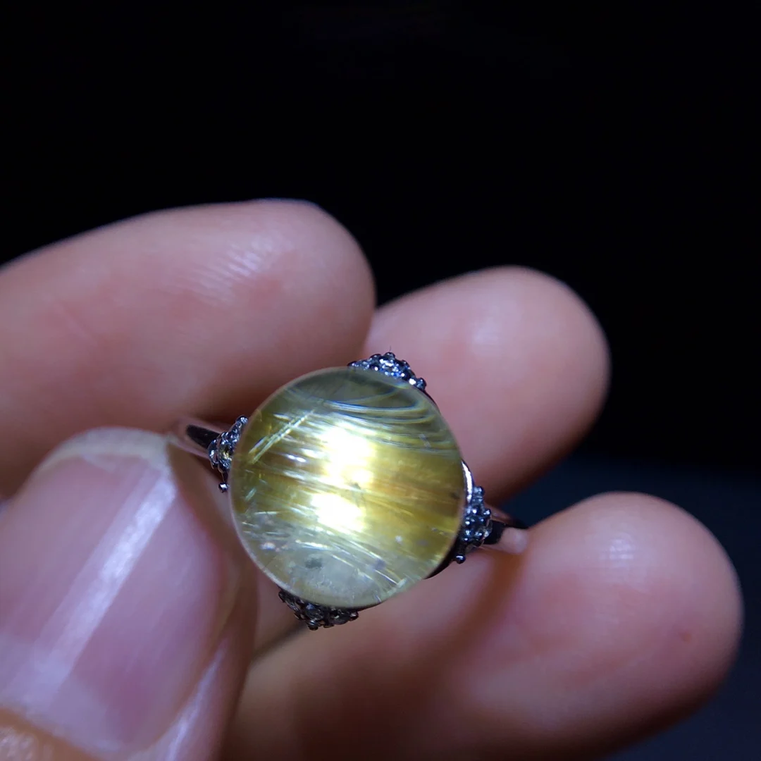 

Natural Gold Rutilated Quartz Round Adjustable Ring 9.7mm Sphere Flower Women 925 Silver Yellow Rutilated Beads AAAAAA