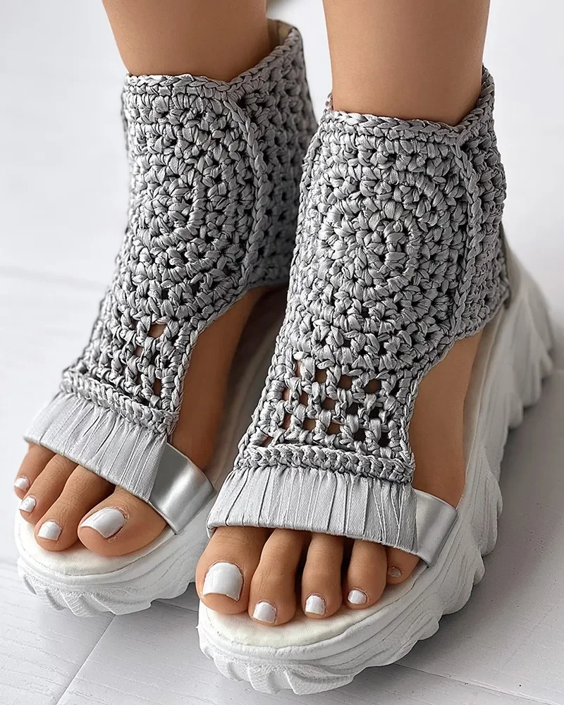 Sandals Women Braided Geometric Wedge Sandals Knitted Elastic Summer Shoes Mesh Flat Sandals Hollow Female Platform Shoes