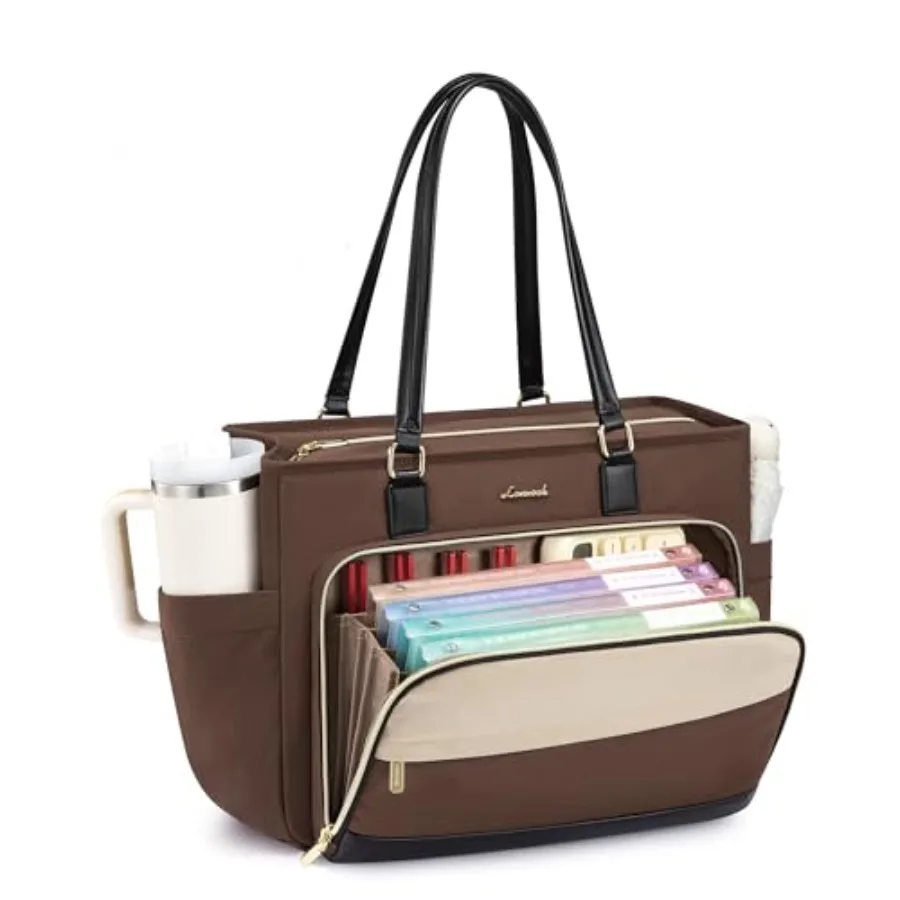 

LOVEVOOK Teacher Tote Bag Laptop Bag for Women with Large Cup Holder Accordion File Area Work Tote Bag for Business