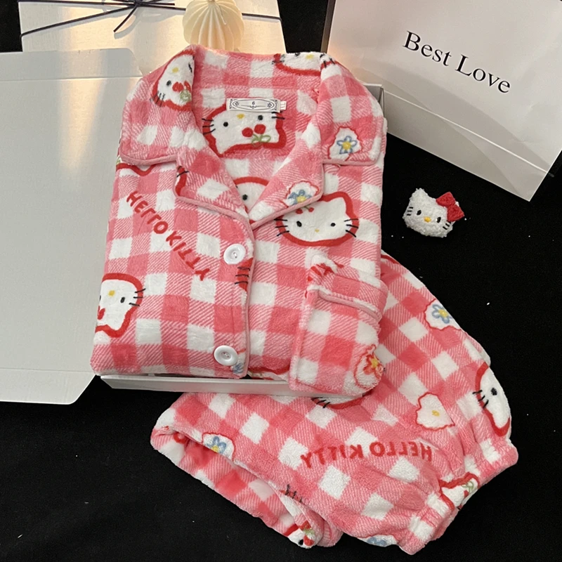 Winter Women's Hello Kitty Pajama Set Cartoon Flannel Pajamas Thickened Fluffy Plush Warm Comfortable Loose High Quality