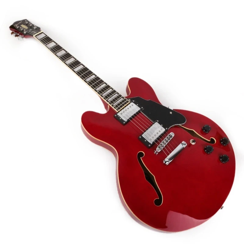 Glossy red color electric jazz guitar double f hole semi hollow body block inlay 2pickups set neck