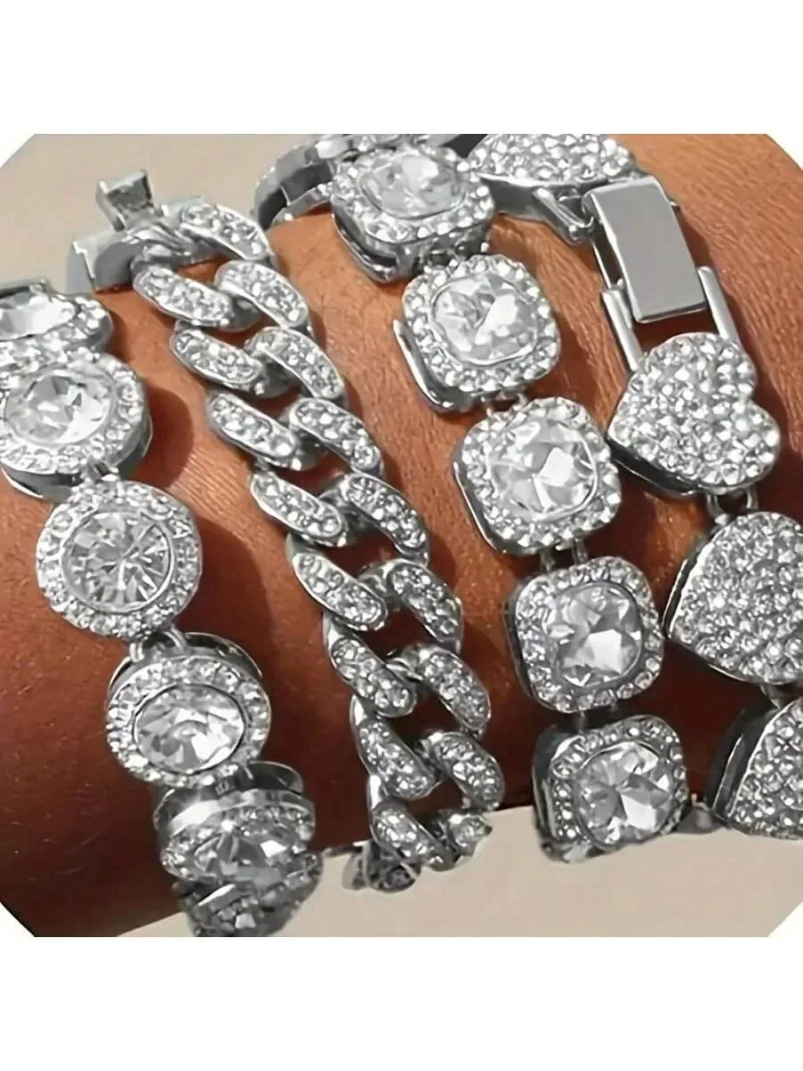 Set di braccialetti a catena cubana con strass pieni di design di nicchia alla moda da 4 pezzi, accessori hip-hop con strass personalizzati alla moda.