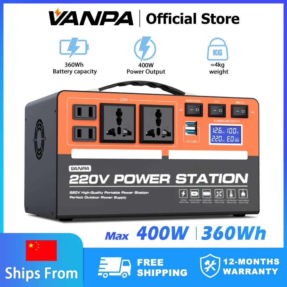 VANPA Power Bank Camping Portable Power Station Charging Station 220V 400W for Home Travel Adventure Outdoor Generator Battery