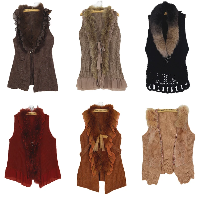 

Vintage Knitted Vest Millennium Abit Rabbit Fur Collar Y2K Sweater n Warmth Autumn Winter Women's Faion Top