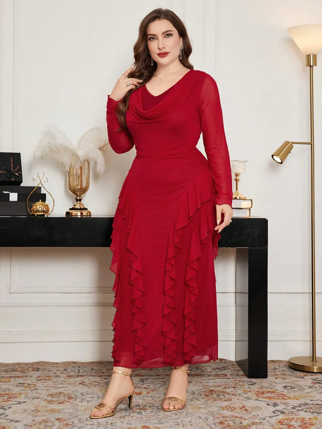 

Plus Size Stretch Mesh Cowl Neck Ruffle Hem Bodycon Red Dress