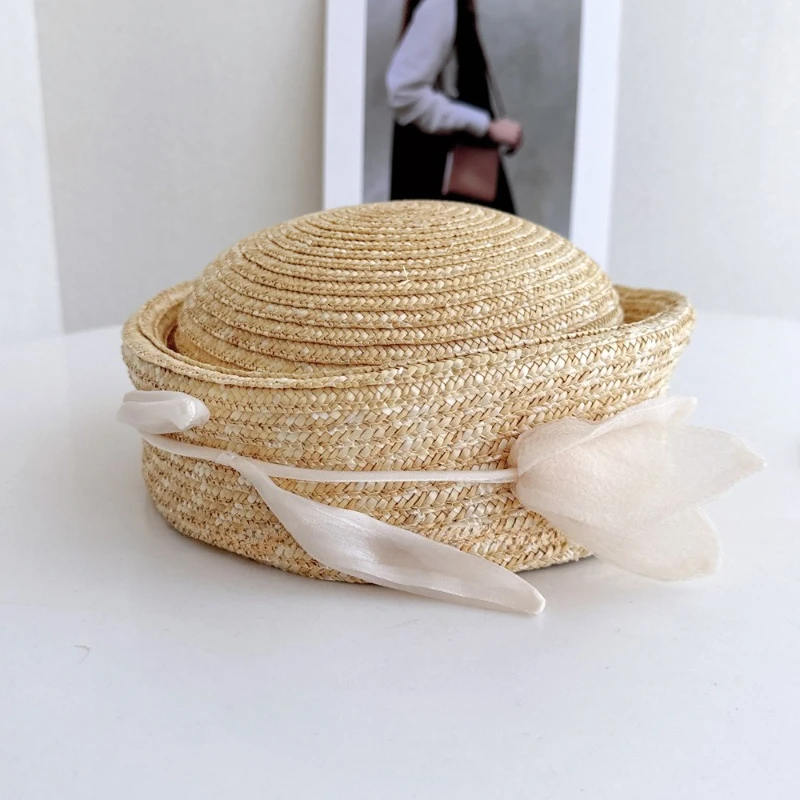 Fashionweek Summer Sailor Hat INS Blogger Round Straw Hat for Women French Beach Hard Beret Sun Pillbox Hat
