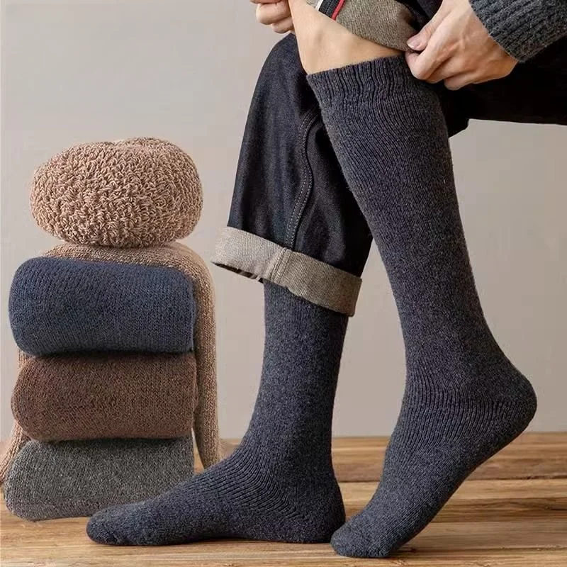 3 Pair Winter Thick Warm Knee-High Men's Wool Socks Men's Merino Calf Socks Casual Cashmere Terry Socks Fashion Stockings Men